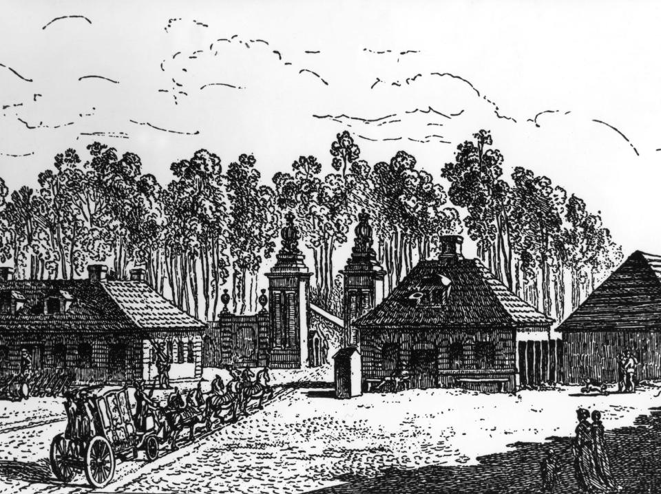 An etching of carriages at the Brandenburg Gate