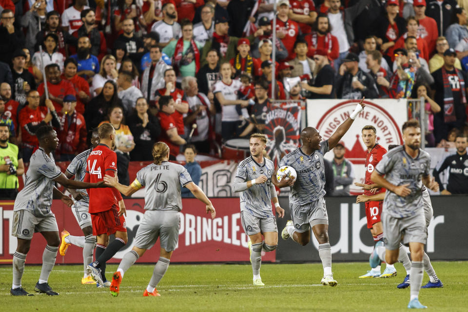 Montreal defender Kamal Miller (3) celebrates his goal during first half MLS soccer action against Toronto FC in Toronto on Sunday, Sept. 4, 2022. (Cole Burston/The Canadian Press via AP)