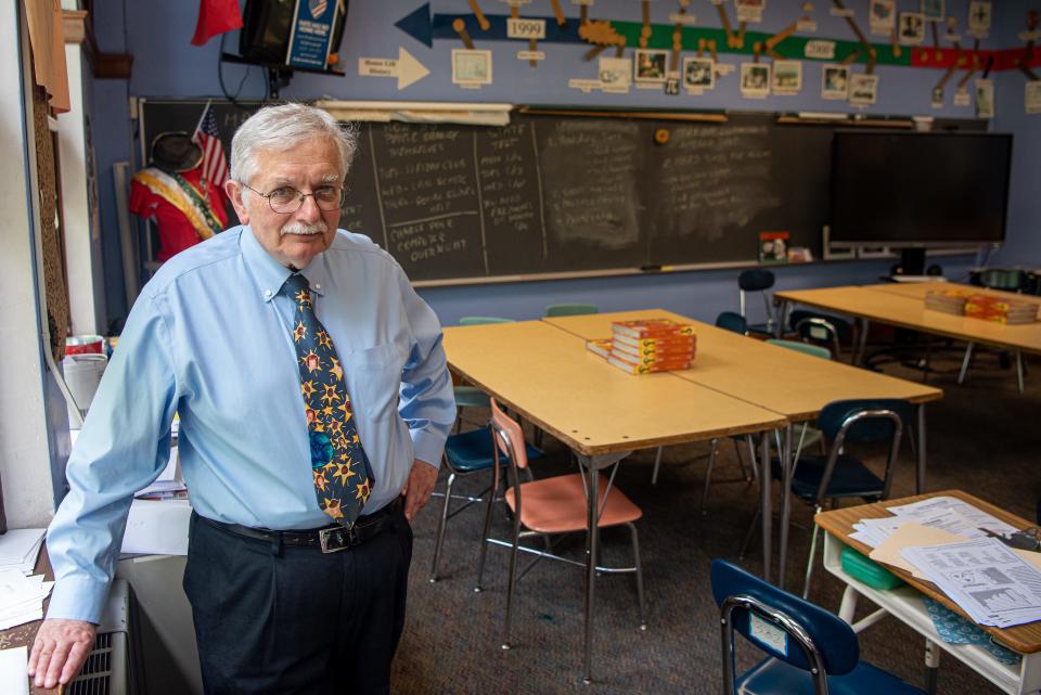 Daniel Gill, a teacher of 52 years and social studies teacher at Glenfield Middle School, is writing a children's book called "No More Chairs." Gill is shown in his classroom on Thursday May 12, 2022. 