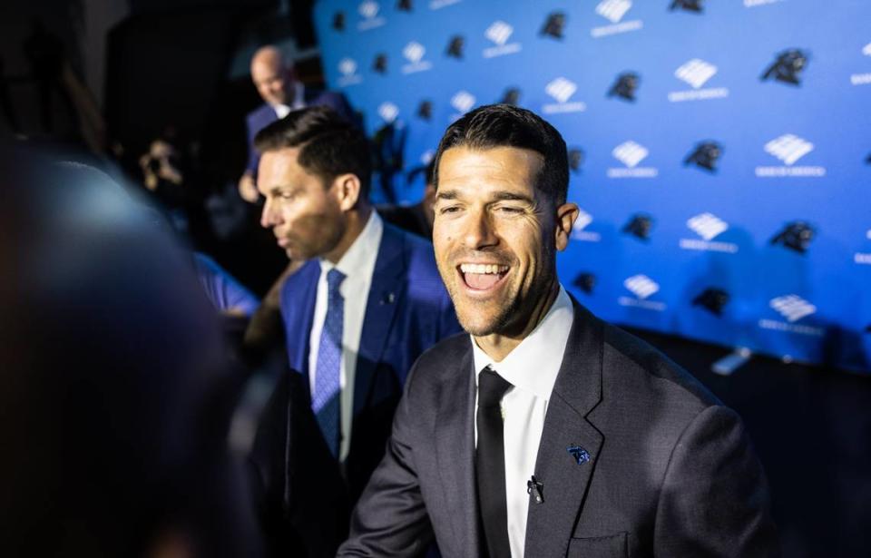 Carolina Panthers coach Dave Canales speaks with attendees after a press conference at the Bank of America Stadium in Charlotte, N.C., on Thursday, February 1, 2024. Khadejeh Nikouyeh/Knikouyeh@charlotteobserver.com