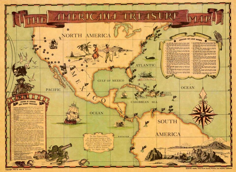 "The Americana Treasure Map" was created by John D. Lawrence and published by his Marvel Maps company in 1952.