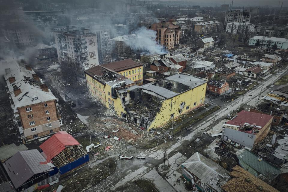 Destroyed and smoking buildings in Bakhmut in an aerial photo