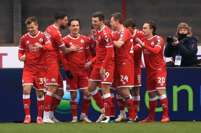 Crawley celebrate scoring their second goal against Premier League Leeds 