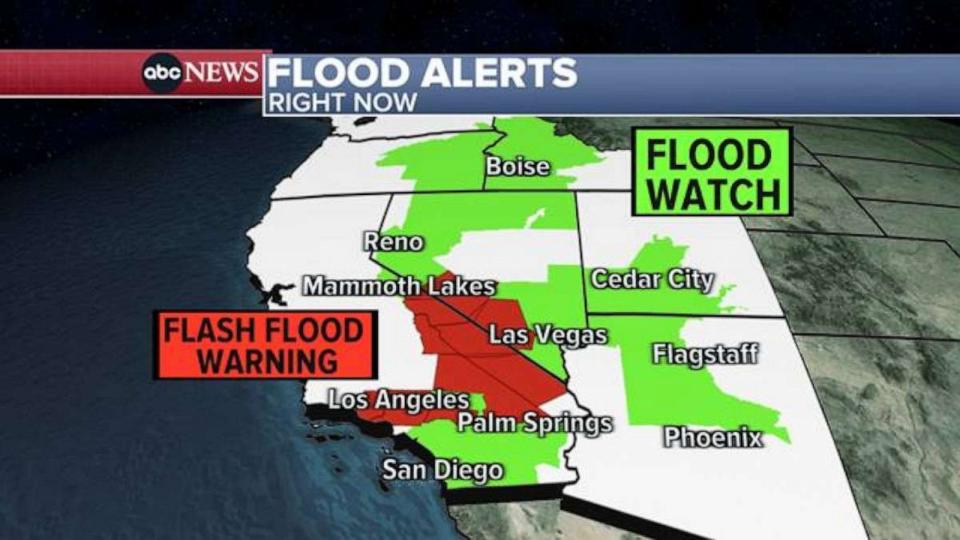 PHOTO: A graphic from ABC News show flash flood warnings in effect in parts of Southern California and Nevada on Monday, Aug. 21, 2023. (ABC News)