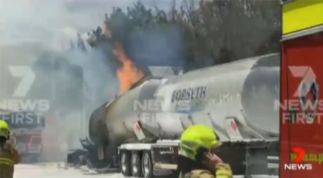 The truck burst into flames on the motorway. Source: 7 News