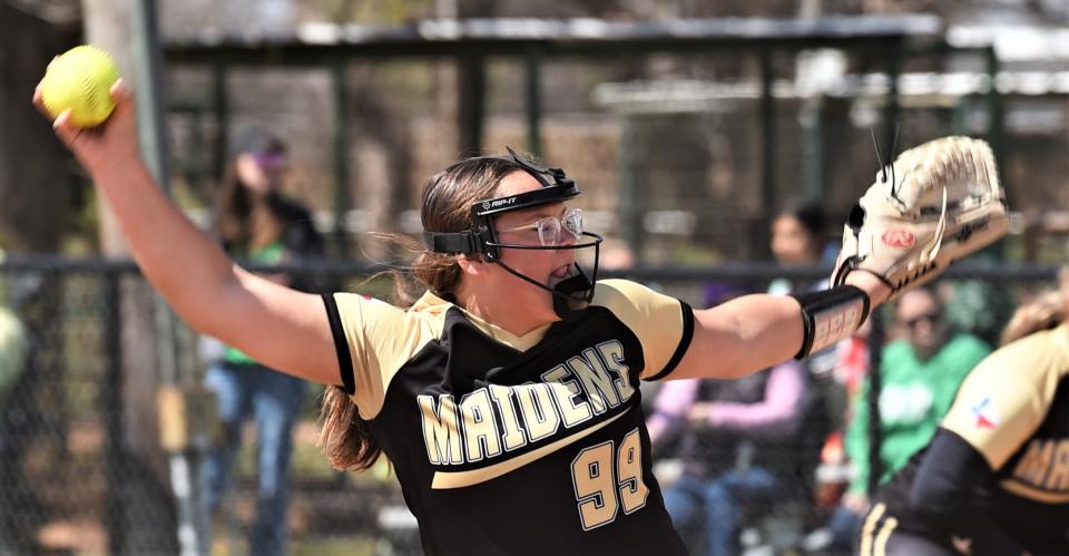 Haskell pitcher Paige Scheets throws a pitch to a Hamlin batter in the third inning.