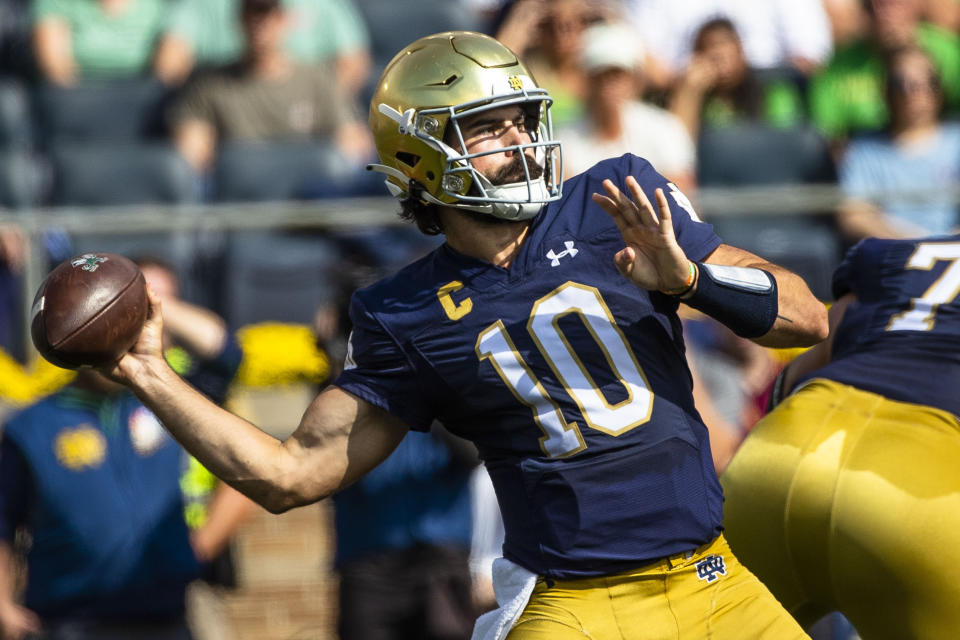 Notre Dame's Sam Hartman (10) throws a pass during the first half of an NCAA college football game against Central Michigan on Saturday, Sept. 16, 2023, in South Bend, Ind. (AP Photo/Michael Caterina)