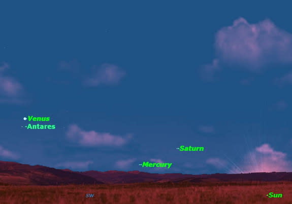 Wednesday, Oct. 16, after sunset. Look just below Venus for the red giant star Antares. If you look carefully, you may also be able to spot Mercury and Saturn.