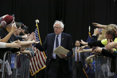 Democratic U.S. presidential candidate Bernie Sanders arrives to speak during an election rally in Erie, Pennsylvania, U.S., April 19, 2016. REUTERS/Lucas Jackson