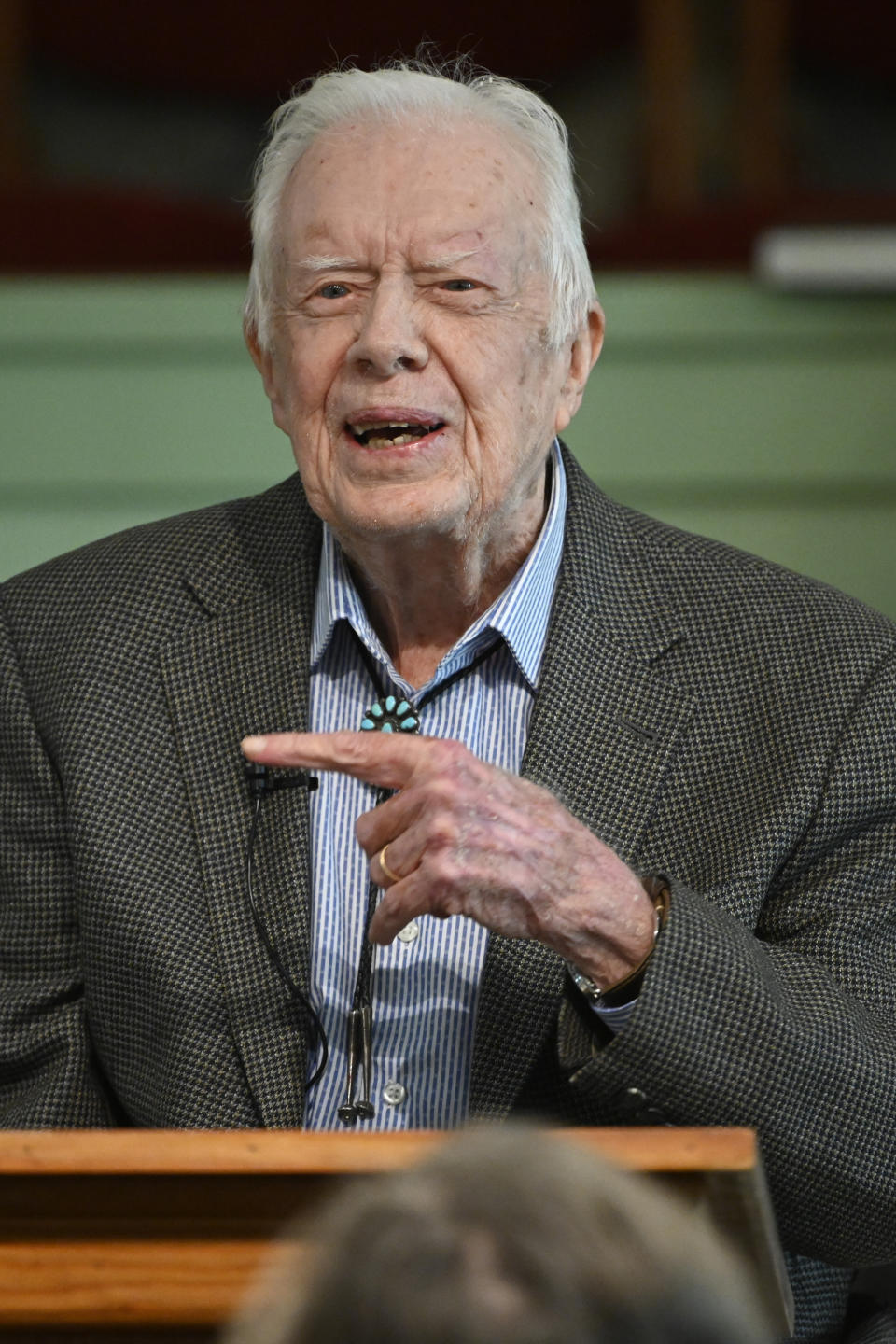 Former U.S. President Jimmy Carter teaches Sunday school at Maranatha Baptist Church, Sunday, Nov. 3, 2019, in Plains, Ga. (AP Photo/John Amis)