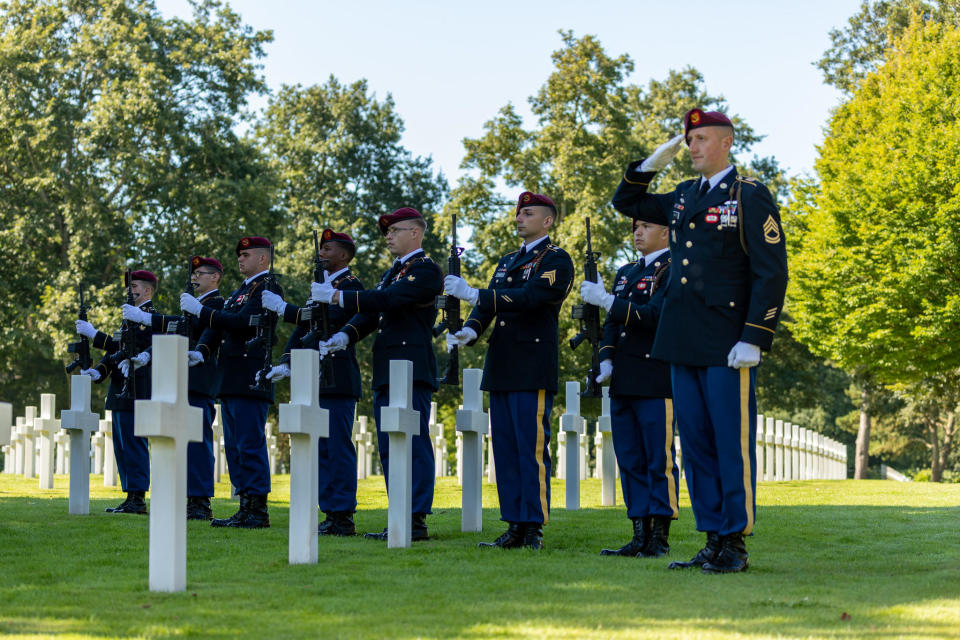 U.S. Air Force Lt. William McGowan is buried with full military honors at the Normandy American Cemetery on July 8, 2022. / Credit: Courtesy of ABMC