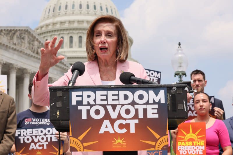 Rep. Nancy Pelosi, D-Calif., speaks at a press conference on the reintroduction of the Freedom to Vote Act at the U.S. Capitol Building in July in Washington. She served as speaker from 2007-2011 and was elected speaker again in 2019 when Democrats took back House control from Republicans.

Photo by Jemal Countess/UPI