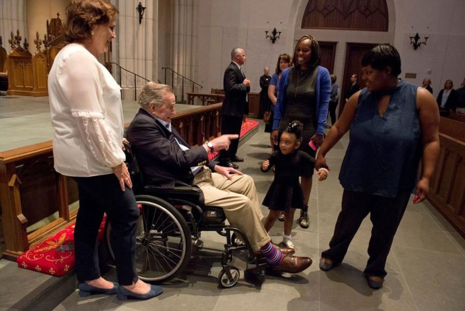 George H.W. Bush greets mourners as they paid their respects for the loss of his wife, Barbara Bush