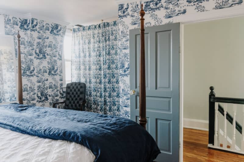 <span>Another one of my favorite blue and white fabric details? The camouflaged closet I made with curtain panels that match my wallpaper; both are from Spoonflower. Credit: <a href="https://www.coldwellbankerhomes.com/dc/washington/agent/george-olson/aid_189729/" rel="nofollow noopener" target="_blank" data-ylk="slk:Courtesy of George Olson;elm:context_link;itc:0;sec:content-canvas" class="link ">Courtesy of George Olson</a></span> <span class="copyright">Credit: <a href="https://www.coldwellbankerhomes.com/dc/washington/agent/george-olson/aid_189729/" rel="nofollow noopener" target="_blank" data-ylk="slk:Courtesy of George Olson;elm:context_link;itc:0;sec:content-canvas" class="link ">Courtesy of George Olson</a></span>