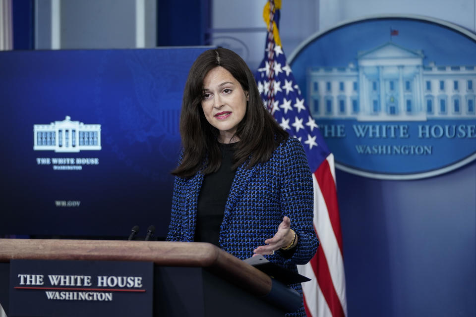 Deputy national security adviser for cyber and emerging technology Anne Neuberger speaks at a White House press briefing in February. (Drew Angerer/Getty Images)