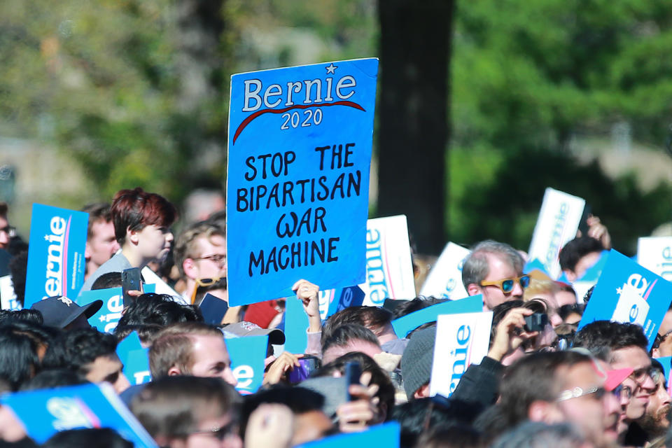 Supporters await Vermont senator and Democratic presidential candidate Bernie Sanders as he campaigns at the Bernie's Back Rally in Long Island City, New York on Saturday, Oct. 19, 2019. (Photo: Gordon Donovan/Yahoo News) 