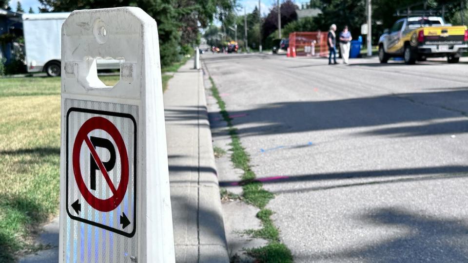 The City of Calgary says workers are marking locations where utility lines run underground by painting different colored lines on the road. Pink markings indicate the main utility line. 