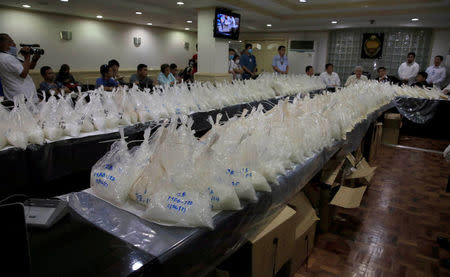 Around 505 kilos of seized high-grade shabu drugs, confiscated last Saturday, are seen after they were presented to the media during a news conference at the National Bureau of Investigation (NBI) headquarters in Metro Manila, Philippines May 29, 2017. REUTERS/Romeo Ranoco