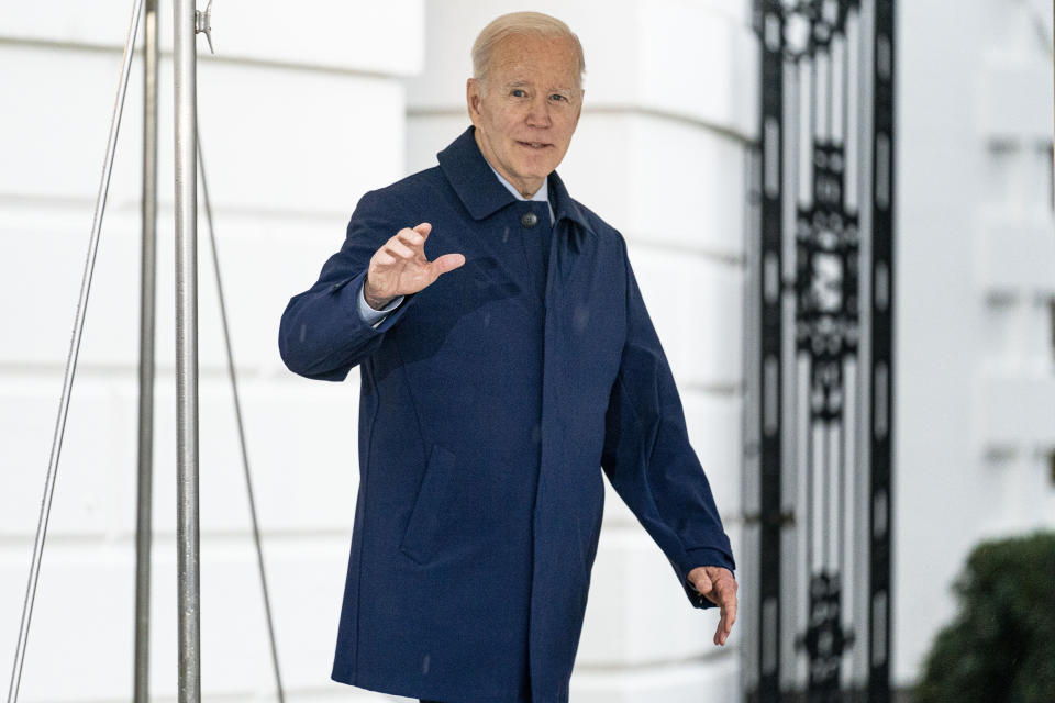 President Joe Biden waves as he walks to board Marine One on the South Lawn of the White House in Washington, Friday, March 10, 2023, for a short trip to Andrews Air Force Base, Md. and then onto Wilmington, Del. (AP Photo/Andrew Harnik)