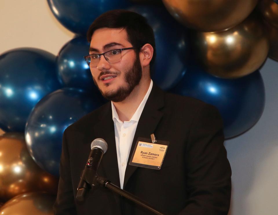 Ryan Zamora of Indio High School speaks during a Greater Coachella Valley Student of the Year event at The Classic Club in Palm Desert on April 30, 2024.