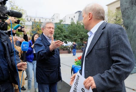 Russian opposition politicians Yavlinsky and Mitrokhin take part in a protest demanding authorities to allow opposition candidates to run in the upcoming local election and release people arrested for participation in opposition rallies, in Moscow