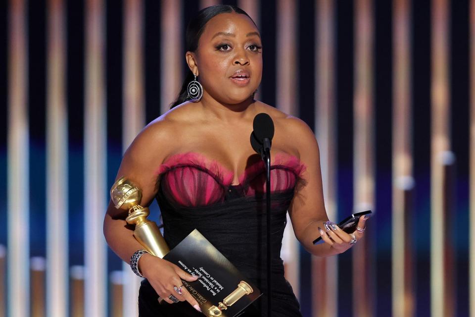 Quinta Brunson accepts the Best Actress in a Television Series – Musical or Comedy award for "Abbott Elementary" onstage at the 80th Annual Golden Globe Awards held at the Beverly Hilton Hotel on January 10, 2023 in Beverly Hills, California.