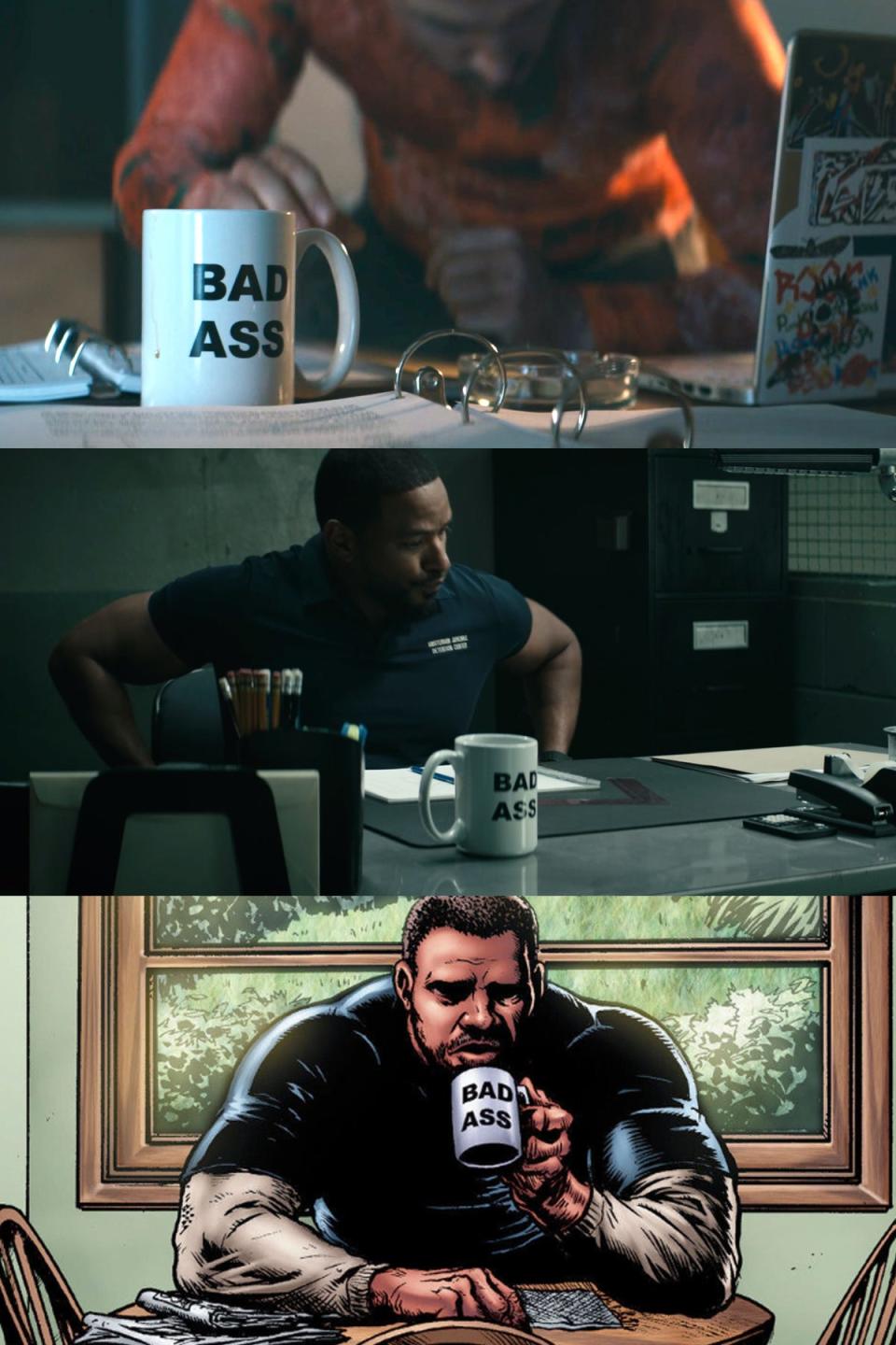 A mug that says "badass" seen in seasons three and one of "The Boys" and the comics.