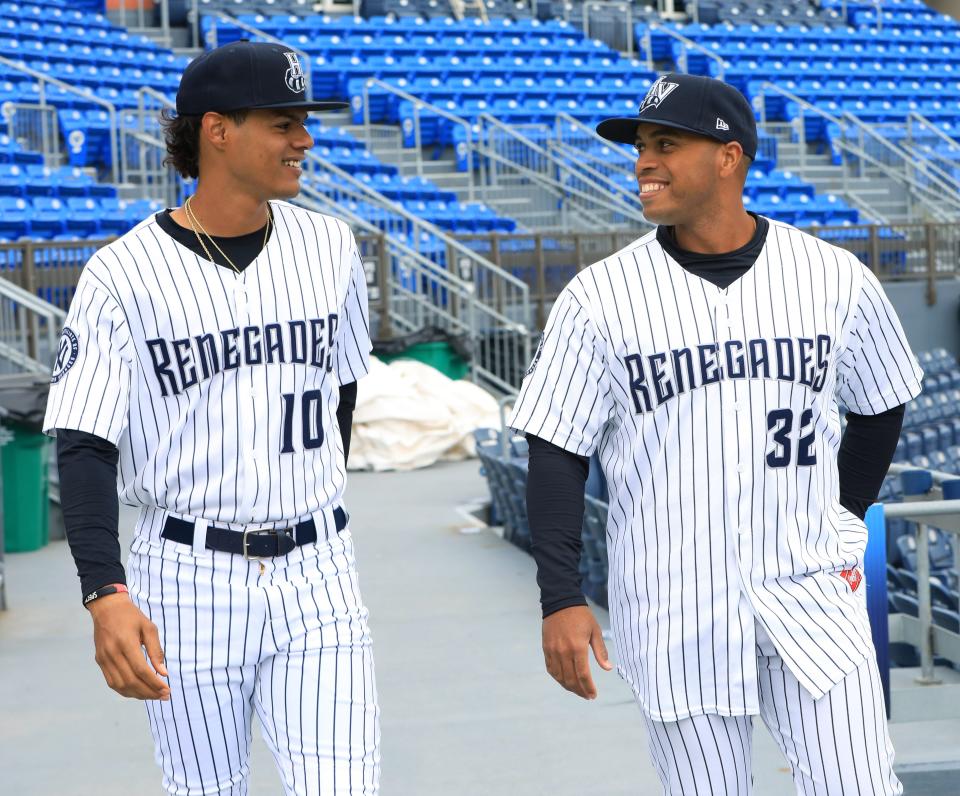 Hudson Valley Renegades, from left,  infielder Marcos Cabrera and designated hitter Kevin Martir during media day on April 5, 2023.