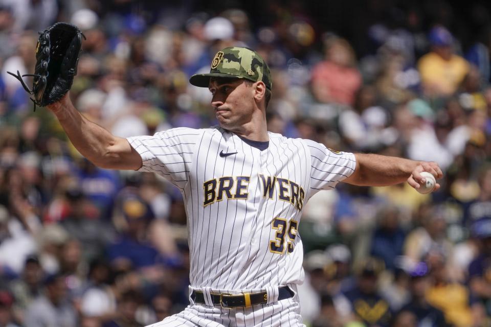 Milwaukee Brewers relief pitcher Brent Suter throws during the fourth inning of a baseball game against the Washington Nationals Sunday, May 22, 2022, in Milwaukee. (AP Photo/Morry Gash)