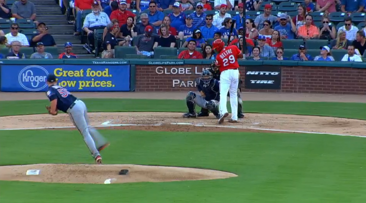 Adrian Beltre gets hit on the backside during the Texas Rangers-Minnesota Twins game on July 7, 2016.