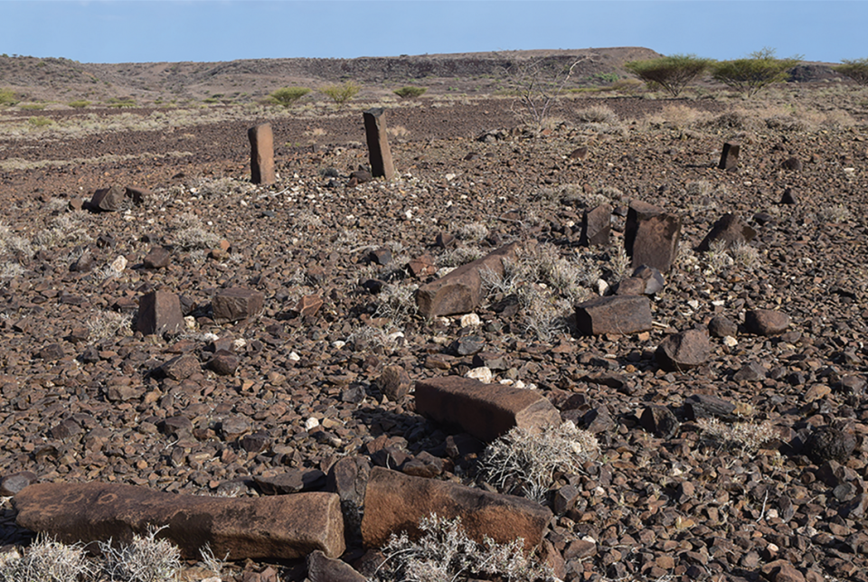 Stone pillars marked the cemetery’s burial sites.