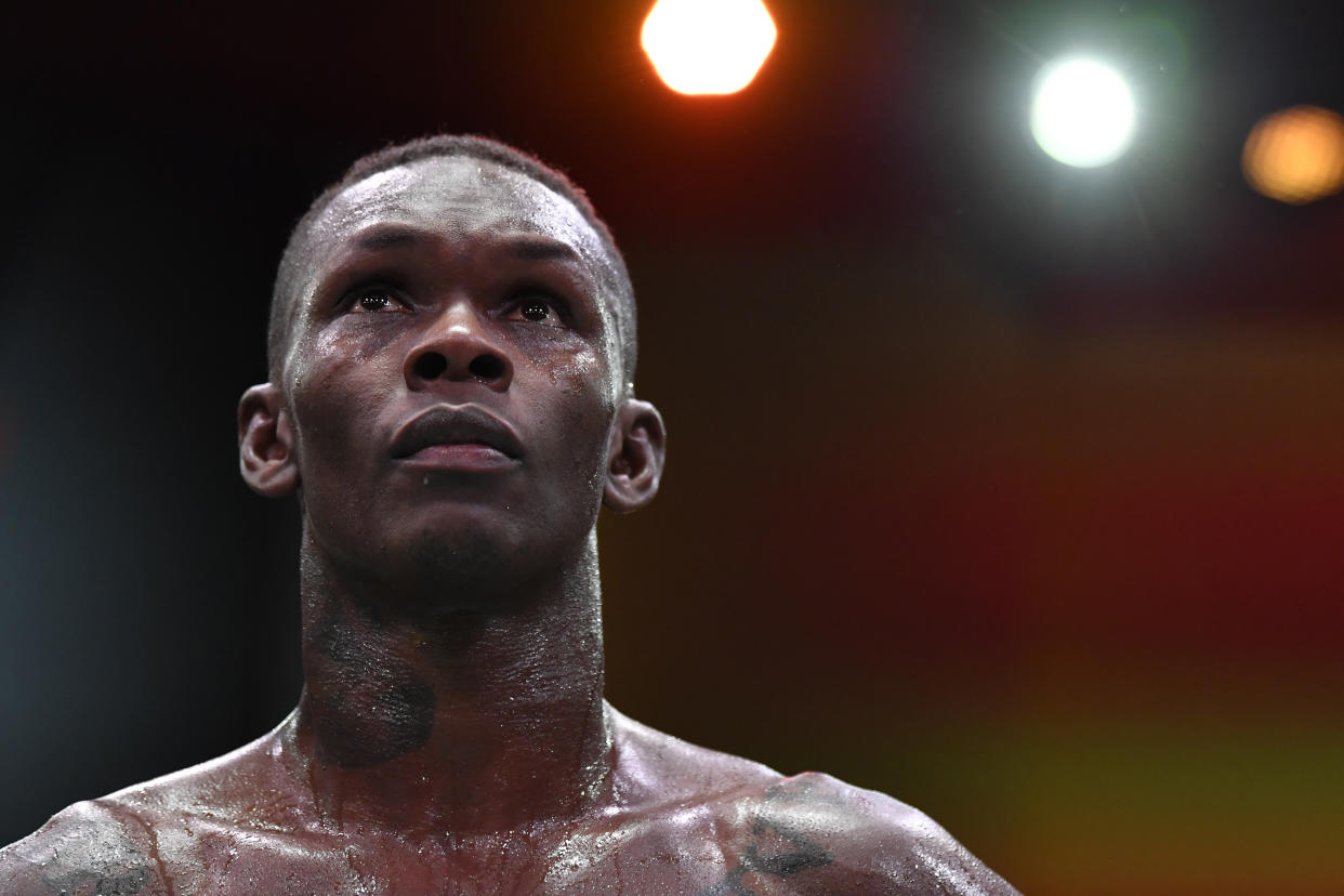 LAS VEGAS, NEVADA - MARCH 06: Israel Adesanya of Nigeria reacts after his UFC light heavyweight championship fight against Jan Blachowicz of Poland during the UFC 259 event at UFC APEX on March 06, 2021 in Las Vegas, Nevada. (Photo by Jeff Bottari/Zuffa LLC)