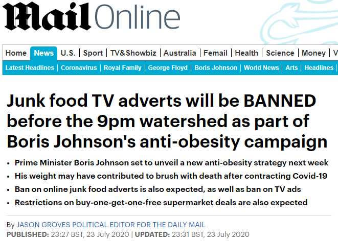 每日郵報指強生政府積極改善英國兒童肥胖問題，下周頒布相關規範。（圖／Daily Mail）