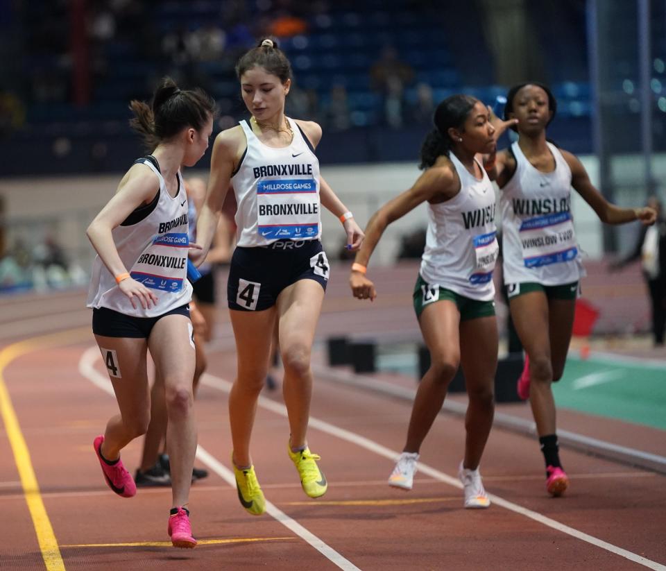 Bronxville competes in the Suburban Girl's 4x400-meter relay at the 115th Millrose Games at The Armory in New York on Saturday, February 11, 2023. 