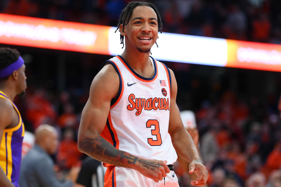 Nov 28, 2023; Syracuse, New York, USA; Syracuse Orange guard Judah Mintz (3) reacts to a play against the LSU Tigers during the second half at the JMA Wireless Dome. Rich Barnes-USA TODAY Sports