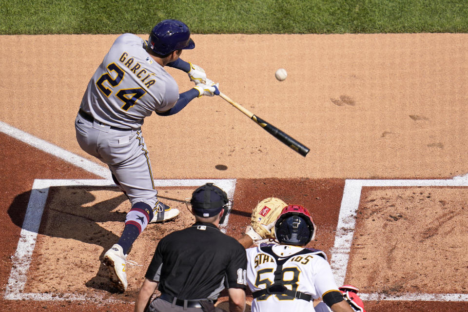 Milwaukee Brewers' Avisail Garcia (24) doubles off Pittsburgh Pirates starting pitcher Cody Ponce, driving in two runs, during the first inning of a baseball game in Pittsburgh, Saturday, July 3, 2021. (AP Photo/Gene J. Puskar)