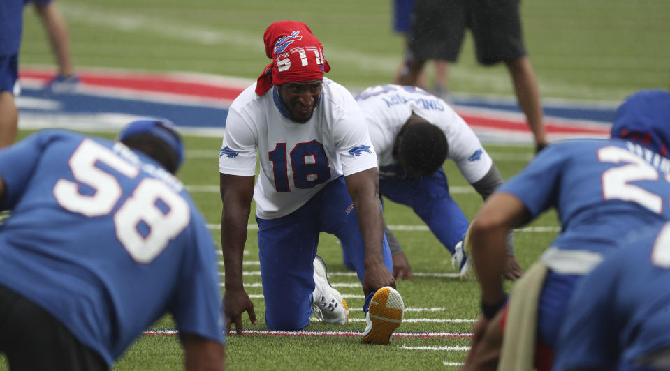 Buffalo Bills wide receiver Andre Roberts (18) stretches in warm-ups at practice today at Bills Stadium in Orchard Park, N.Y., Wednesday, Sept. 2, 2020. (James P. McCoy/ The Buffalo News via AP, Pool)