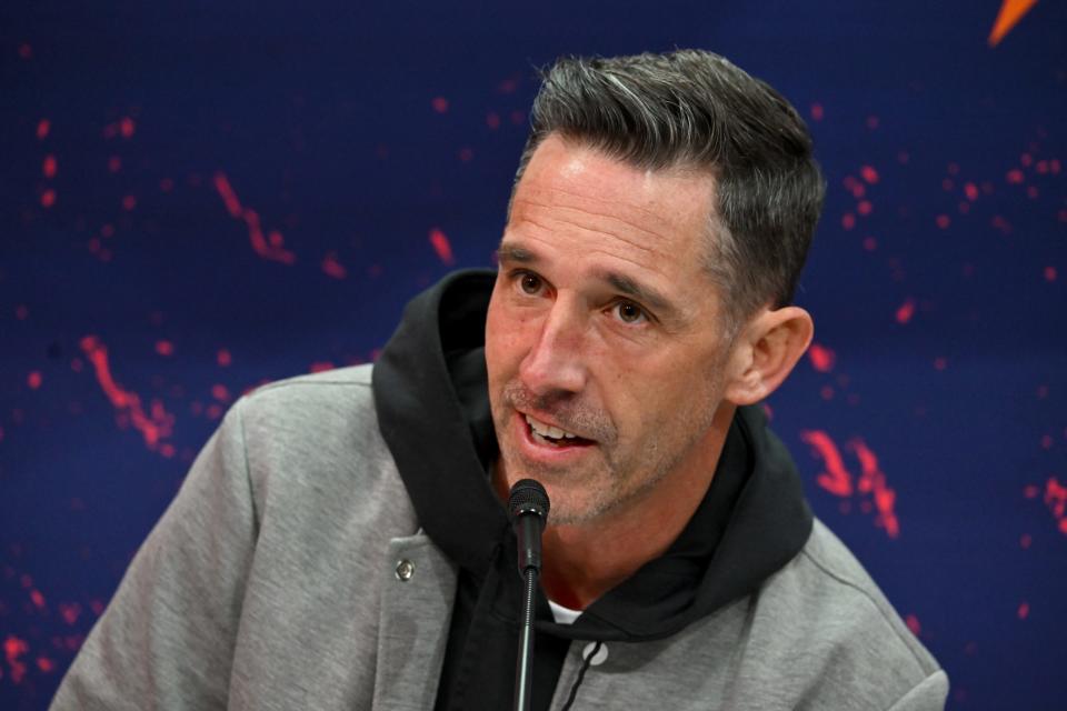 Head coach Kyle Shanahan of the San Francisco 49ers speaks to the media during Super Bowl LVIII Opening Night at Allegiant Stadium on February 05, 2024 in Las Vegas, Nevada.