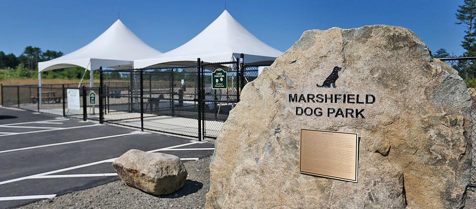 The Marshfield Dog Park is now open off Proprietors Drive. The long-awaited park features running water and separate areas for large and small dogs. Monday, July 31, 2023.