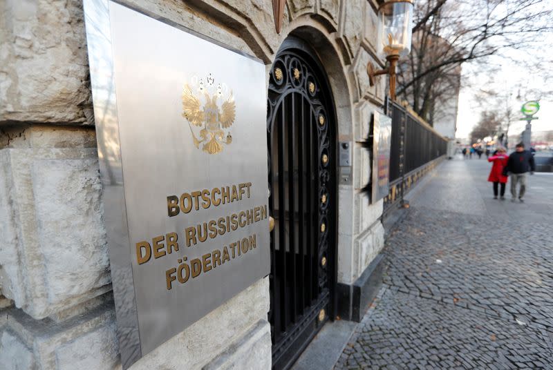 A general view shows the Russian embassy after Germany expelled two Russian diplomats in Berlin