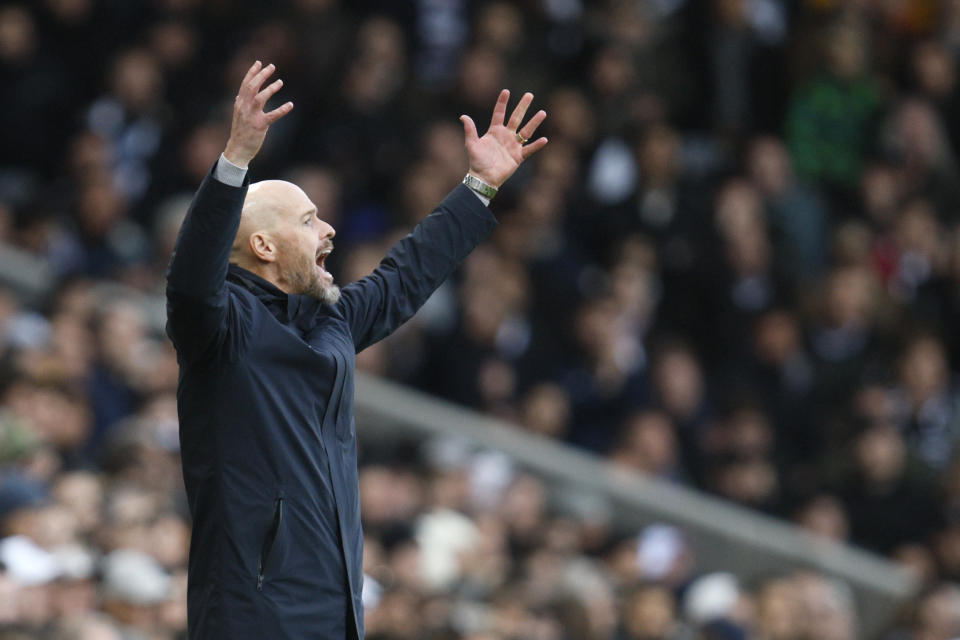 Manchester United's head coach Erik ten Hag reacts during the English Premier League soccer match between Fulham and Manchester United, at Craven Cottage, London, Saturday, Nov. 4, 2023. (AP Photo/David Cliff)