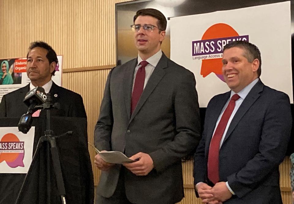 From left, legislators Rep. Carlos Gonzalez, D-Springfield, Rep. Adrian Madaro, D-East Boston and Sen. Sal DiDomenico, D-Everett, propose a measure that would ease access to state agencies by residents who are not fluent English speakers.