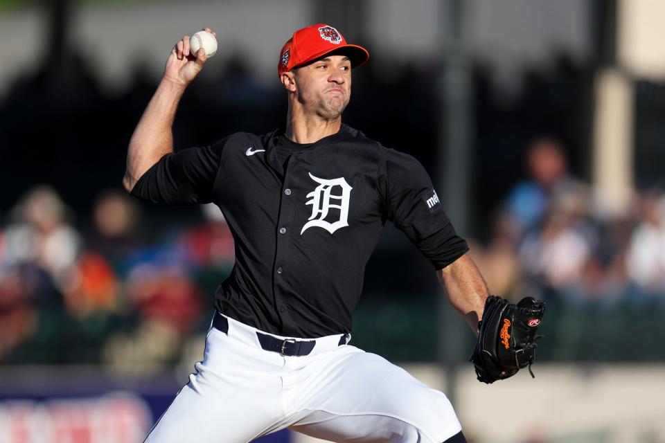 Detroit Tigers pitcher Jack Flaherty (45) throws a pitch against the Philadelphia Phillies in the first inning at Publix Field at Joker Marchant Stadium in Lakeland, Florida, on Tuesday, March 19, 2024.