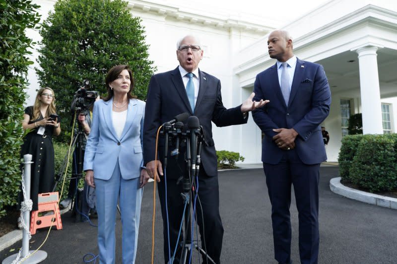 Governors Tim Walz of Minnesota, chair of the Democratic Governors Association (C), Wes Moore of Maryland (R) and Kathy Hochul of New York speak to members of the media after their meeting with President Joe Biden at the White House on Wednesday,. Photo by Yuri Gripas/UPI