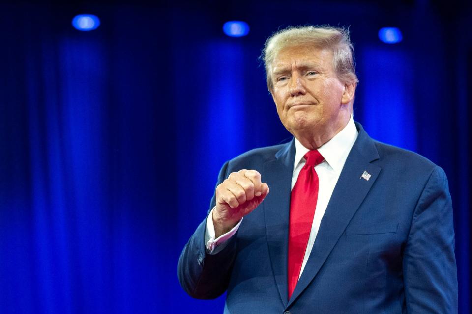 Republican presidential candidate former President Donald Trump pumps his fist as he departs after speaking during the Conservative Political Action Conference, CPAC 2024, at National Harbor, in Oxon Hill, Md., Saturday, Feb. 24, 2024. (AP Photo/Alex Brandon)