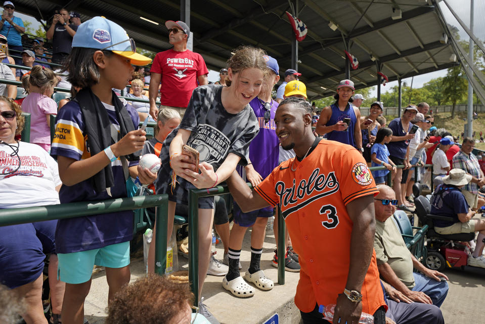 Baltimore Orioles' Jorge Mateo (3) poses for a photo during a visit to the Little League World Series in South Williamsport, Pa., Sunday, Aug. 21, 2022. The Orioles play the Boston Red Sox in the Little League Classic on Sunday Night Baseball. (AP Photo/Gene J. Puskar)