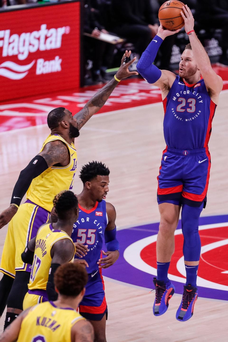 Detroit Pistons forward Blake Griffin (23) makes a jump shot against Los Angeles Lakers forward LeBron James (23) during the first half Thursday, Jan. 28, 2021, at Little Caesars Arena in Detroit.