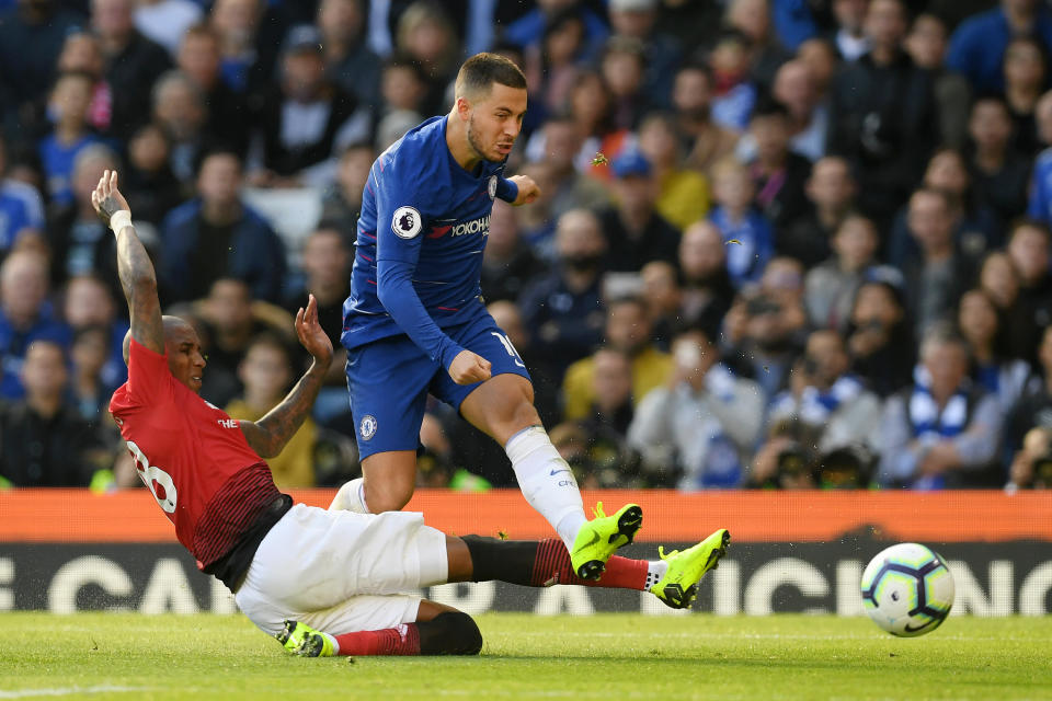 Eden Hazard during the Premier League match between Chelsea FC and Manchester United at Stamford Bridge on October 20, 2018 in London, United Kingdom.