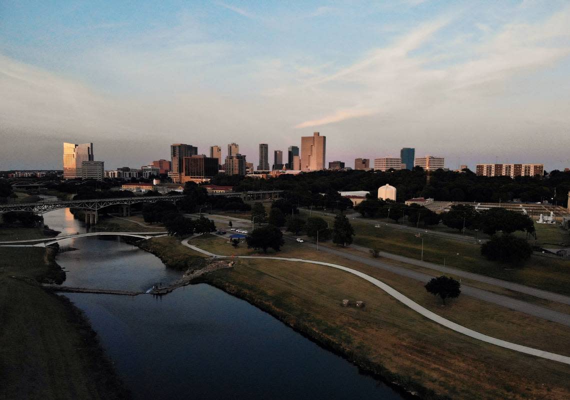 Downtown Fort Worth and the Trinity River can be seen as the sun sets on Friday, September 3, 2021.