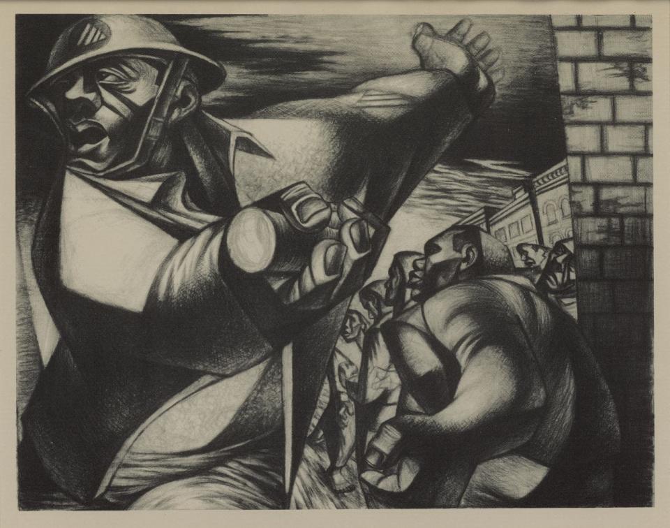 Charles White (American, 1918–1979), Our War, from the portfolio Negro: U.S.A. A Graphic History of the Negro People in America Workshop Prints No. 2, circa 1948, offset lithograph, 7 x 8 ½ in. (17.8 x 21.6 cm), Primas Family Collection, ©The Charles White Archive.